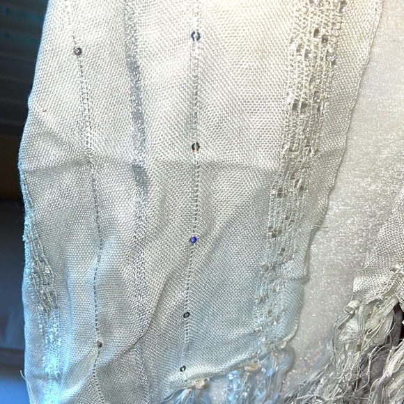Ivory scarf with silver sequins and tassels Dressy 70” long by 16” wide - Picture 2 of 5
